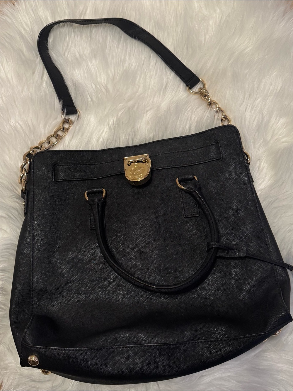 Micheal Kors Black Leather Tote Bag with Gold Hardware - Women Bags